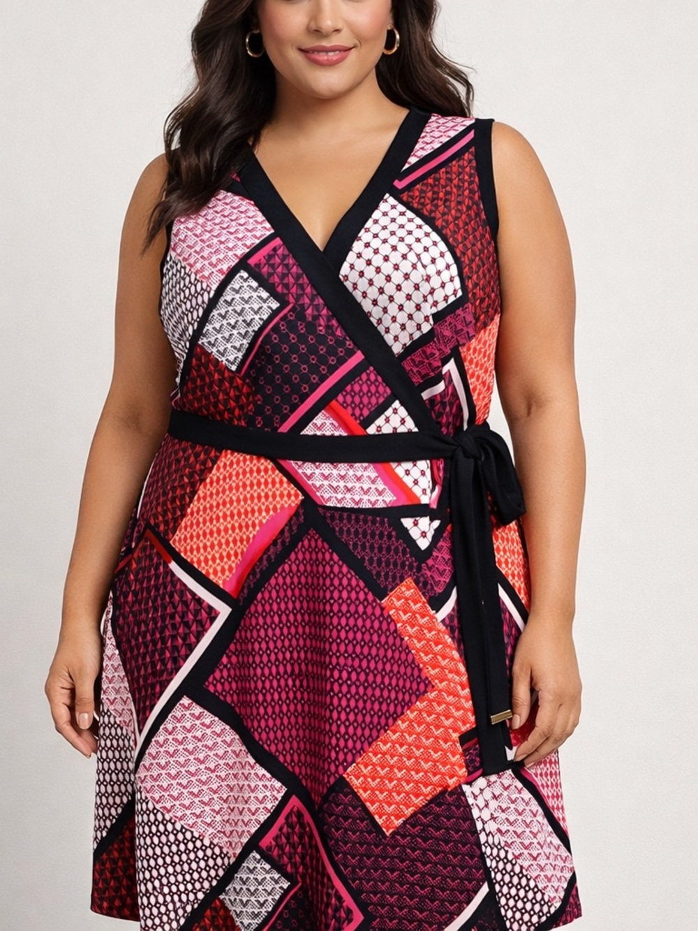 Tommy Hilfiger  Sleeveless Wrap Dress in Pink & Coral Geo Print